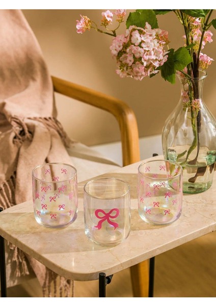 Pembe Kurdele Baskılı Cam Su Bardağı Seti 3'lü 280 Ml, Şık ve Kullanışlı.