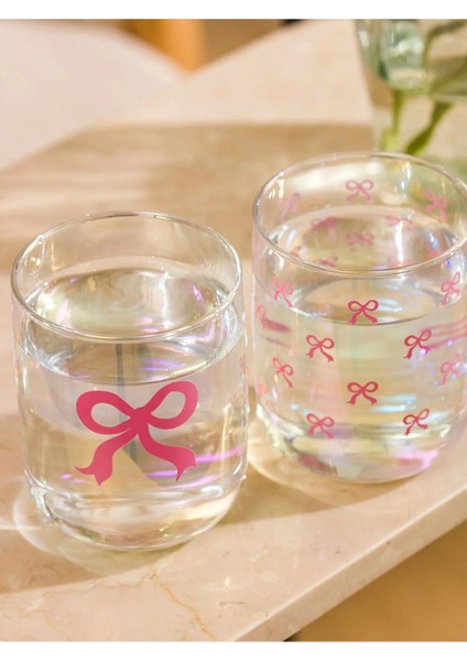 Pembe Kurdele Baskılı Cam Su Bardağı Seti 3'lü 280 Ml, Şık ve Kullanışlı. modelleri