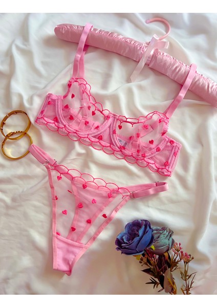 Kırmızı Kalpli Pembe Tül Bralet Sütyen Takım indirimleri