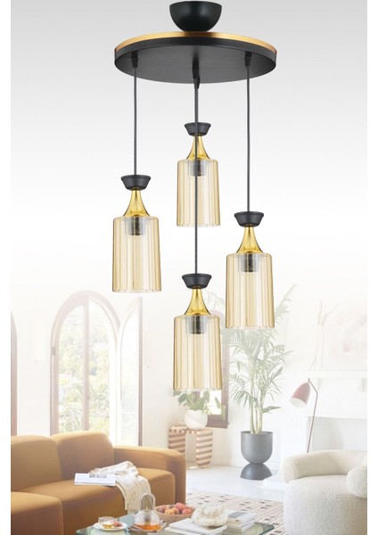 Modern 4'lü Sarkıt Tepsi, Siyah Boru, Mika, Bal Cam ve Sarı Şerit Detaylı Avize