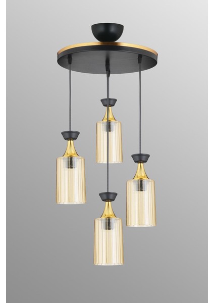 Modern 4'lü Sarkıt Tepsi, Siyah Boru, Mika, Bal Cam ve Sarı Şerit Detaylı Avize fiyatları