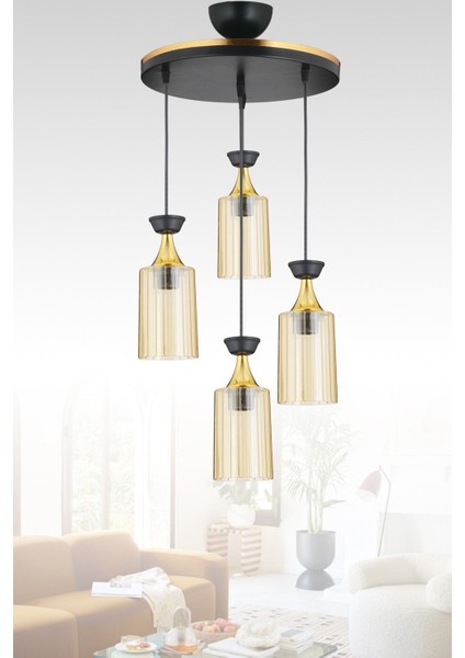 Modern 4'lü Sarkıt Tepsi, Siyah Boru, Mika, Bal Cam ve Sarı Şerit Detaylı Avize modelleri