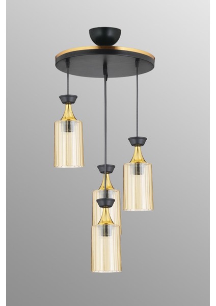 Modern 4'lü Sarkıt Tepsi, Siyah Boru, Mika, Bal Cam ve Sarı Şerit Detaylı Avize fırsatları