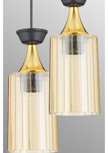 Modern 4'lü Sarkıt Tepsi, Siyah Boru, Mika, Bal Cam ve Sarı Şerit Detaylı Avize indirimleri