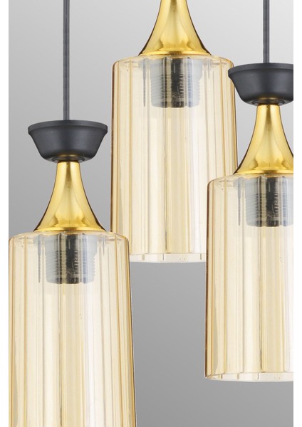 Modern 4'lü Sarkıt Tepsi, Siyah Boru, Mika, Bal Cam ve Sarı Şerit Detaylı Avize