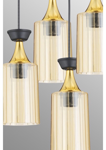 Modern 4'lü Sarkıt Tepsi, Siyah Boru, Mika, Bal Cam ve Sarı Şerit Detaylı Avize