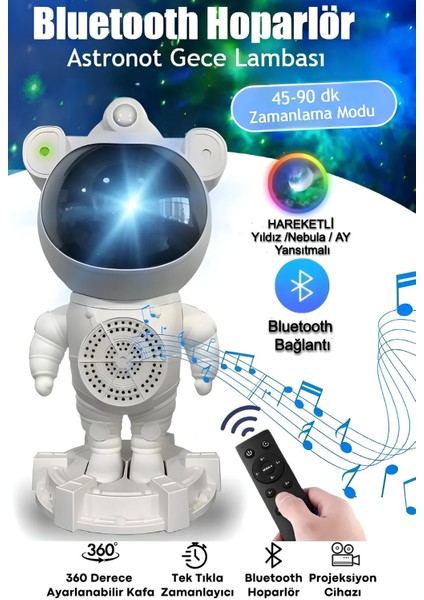Gökyüzü Temalı Gece Lambası, Astronot, Bluetooth Hoparlör, Hareketli, Zamanlayıcı, Beyaz