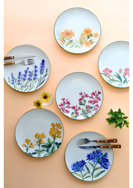 Çok Renkli 20CM Porselen Pasta Tabağı 6 Kişilik 6 Parça