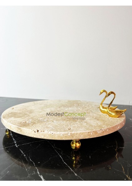 Doğal Traverten Mermer 28 cm Sunumluk, Gold Kuğu Objeli, Şık ve Zarif Tasarım