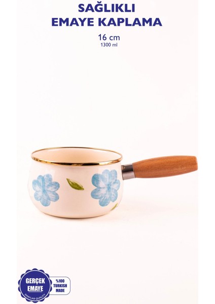 Emaye Sos Tavası 16CM 1,3 Litre Ahşap Saplı, Tüm Ocak Tiplerine Uygun
