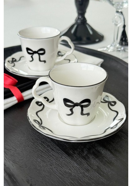 Siyah Kurdele Desenli 2 Kişilik 4 Parça Porselen Kahve Fincan Takımı fiyatları