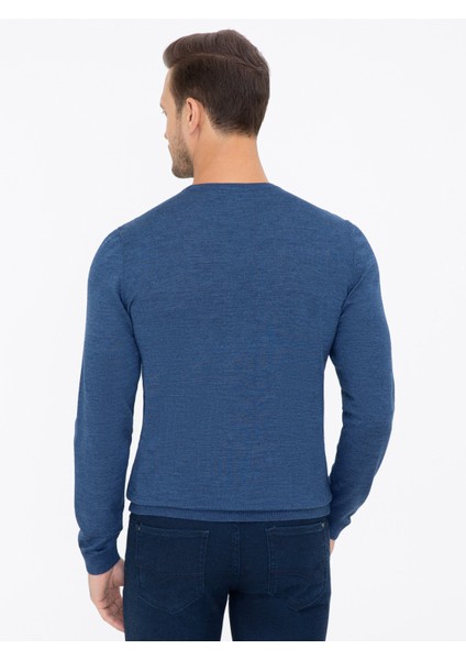 Erkek İndigo Slim Fit Bisiklet Yaka Basic Triko Kazak 50237038-VR028