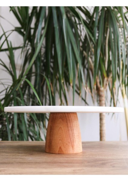 Doğal Mermer ve Ahşap Kek Sunumluk 28 cm Ekru