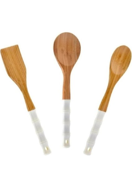 30 cm Silikon Saplı Kepçe, Kaşık ve Spatula Seti, Beyaz Renk