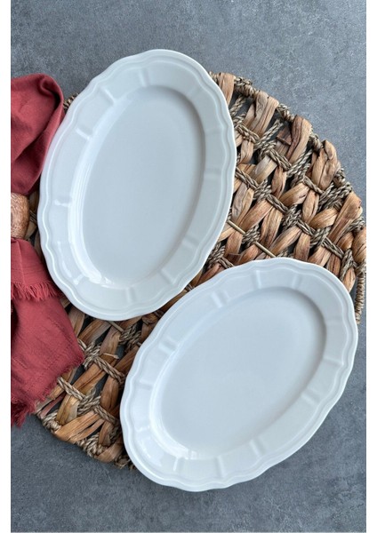 2'li 25 cm Bej Porselen Kayık Tabak Seti, Şık ve Kullanışlı Sunumlar Için