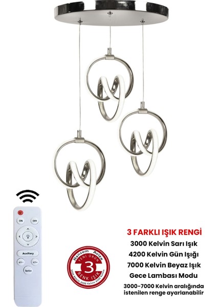 3 Renk Kumandalı Krom Kasa Dimmerli LED Avize Seti, Bej Renkli 3'lü Işık Armatürü