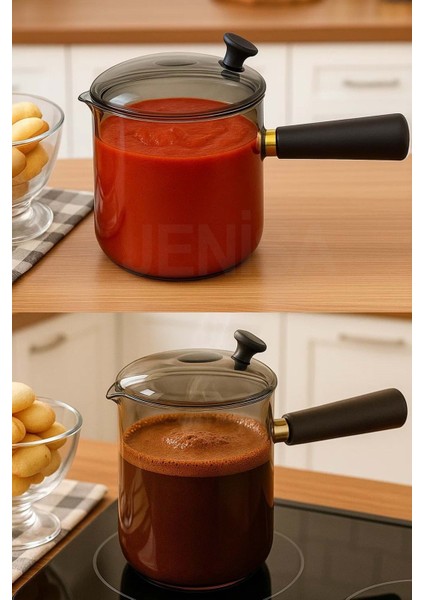 Şeffaf Çok Amaçlı Isıya Dayanıklı Cam Cezve ve Sosluk, Ahşap Saplı 550 ml fırsatları