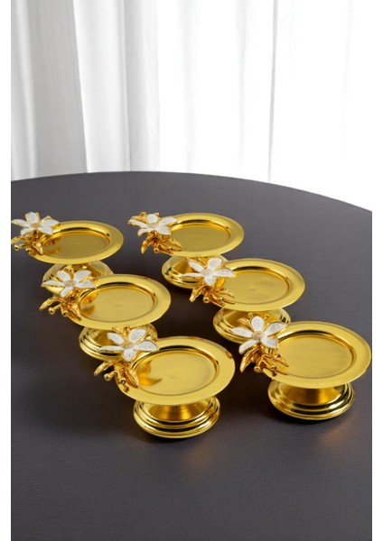 Altın Renkli 6'lı Zambak Desenli Dekoratif Lokum ve Kahve Sunumlukları