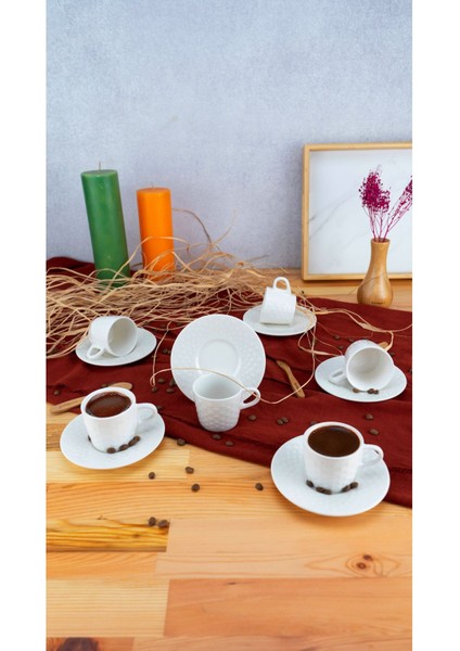 6 Kişilik Porselen Kahve Fincan Takımı, Beyaz, Şık ve Zarif Tasarım