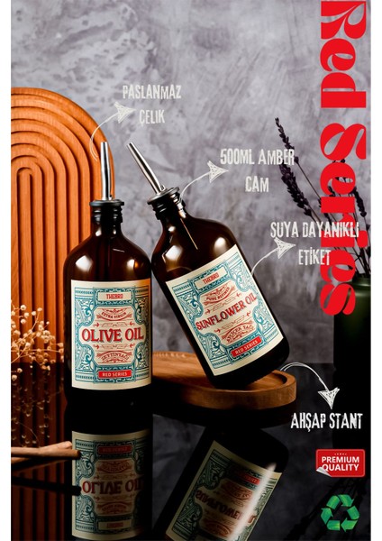 500ML Ahşap Standlı Çok Renkli Amber Red Yağ Şişesi Seti