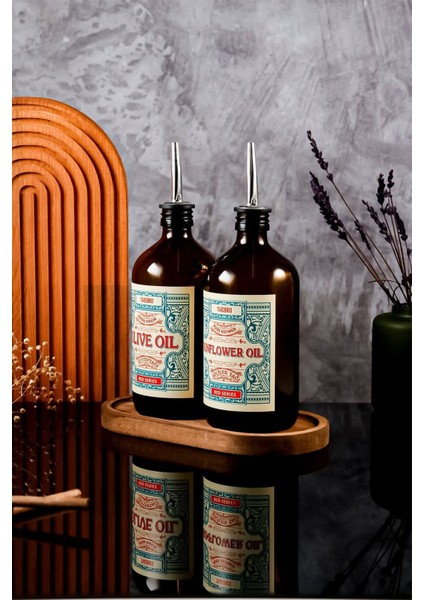 500ML Ahşap Standlı Çok Renkli Amber Red Yağ Şişesi Seti modelleri