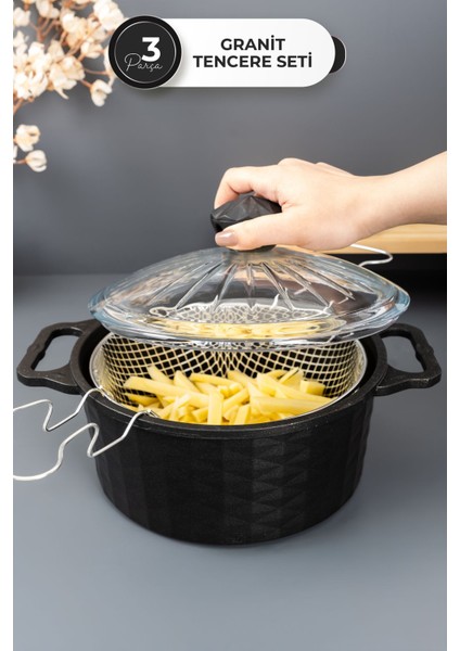 3 Parça Siyah Döküm Granit Tava Seti 24 Cm, Yağ Süzgeçli, Cam Kapaklı, Yapışmaz