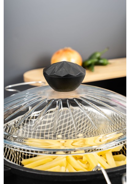 3 Parça Siyah Döküm Granit Tava Seti 24 Cm, Yağ Süzgeçli, Cam Kapaklı, Yapışmaz fırsatları