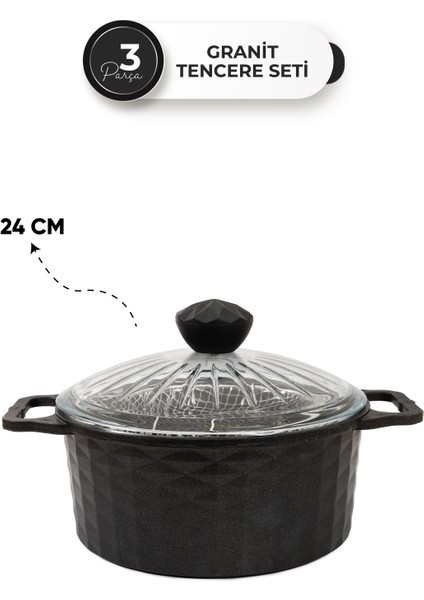 3 Parça Siyah Döküm Granit Tava Seti 24 Cm, Yağ Süzgeçli, Cam Kapaklı, Yapışmaz