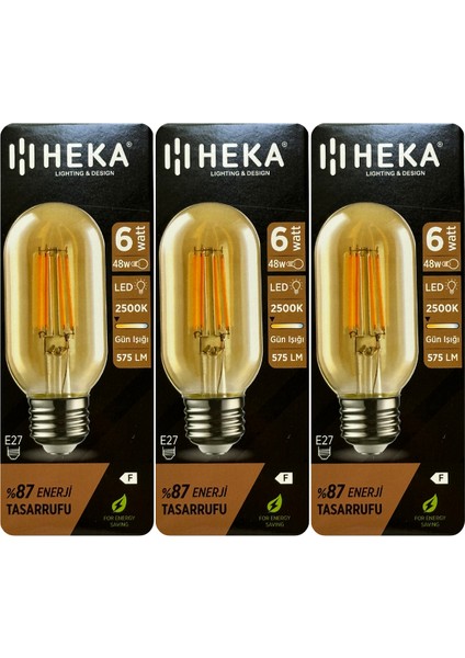 (3 Adet) Heka 6W (48W) 2500K (Günışığı) E27 Duylu (Kalın Duy) Şeffaf LED Ampul