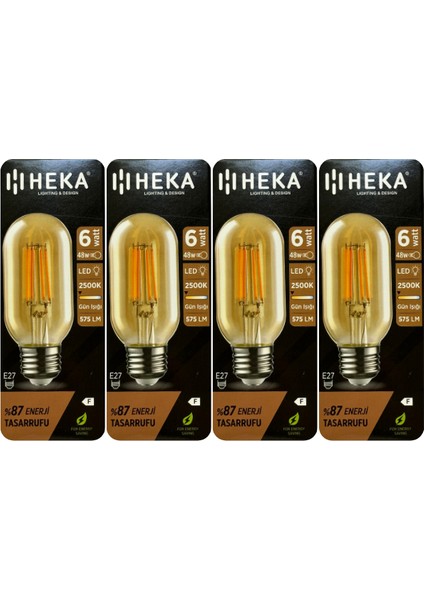 (4 Adet) Heka 6W (48W) 2500K (Günışığı) E27 Duylu (Kalın Duy) Şeffaf LED Ampul