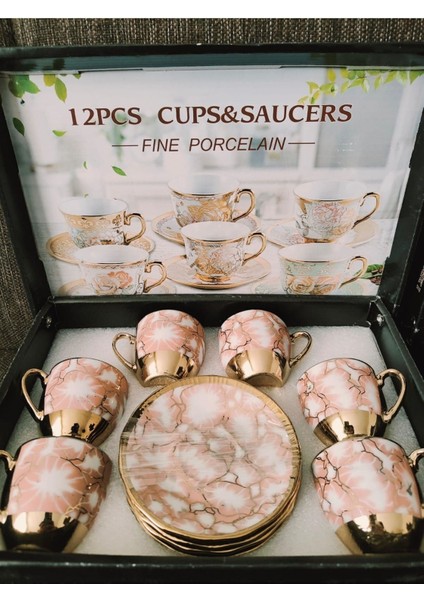 6'lı Lüx Kahve Fincan Seti, Altın Sarısı, Lila ve Beyaz Işleme, Şık ve Zarif Tasarım