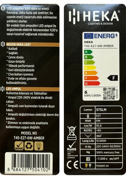 (6 Adet) Heka 6W (48W) 2500K (Günışığı) E27 Duylu (Kalın Duy) Şeffaf LED Ampul fırsatları