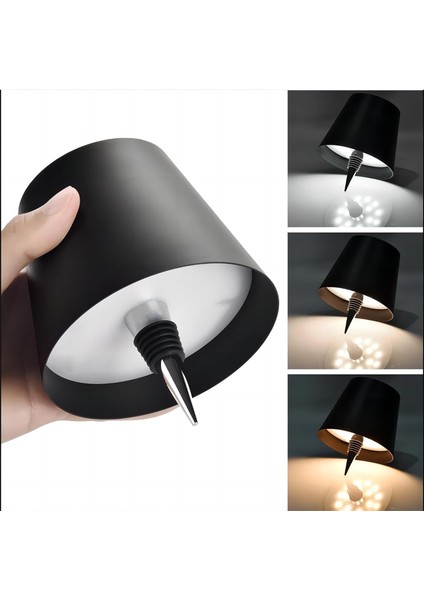 Siyah Renk Pilli Şişe Lambası – Kablosuz Dokunmatik LED Masa Lambası, USB Şarjlı, IP44 Su Geçirmez, 3 Renk Ayarlı, 4000 Mah