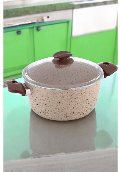 20 cm Derin Granit Tencere, Yanmaz ve Yapışmaz, Bej Renkli