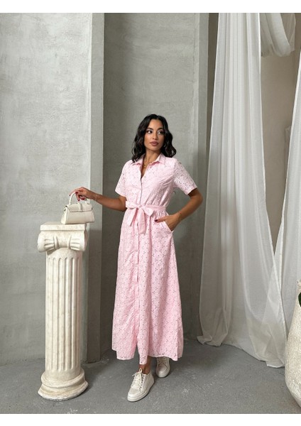 Pamuk Fisto Çiçek Desenli Cep ve Kemer Detaylı Astarlı Elbise