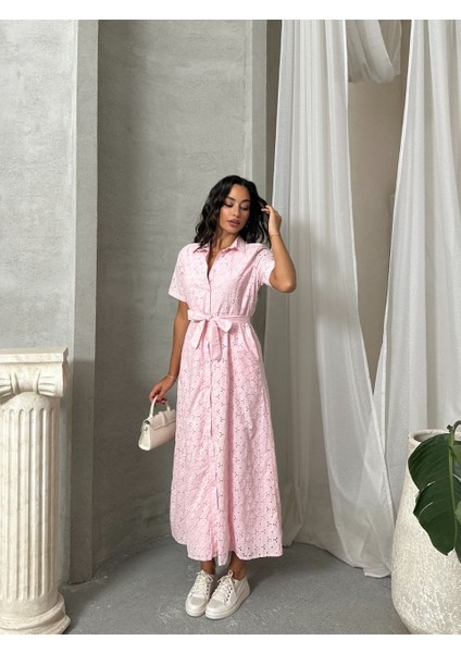 Pamuk Fisto Çiçek Desenli Cep ve Kemer Detaylı Astarlı Elbise