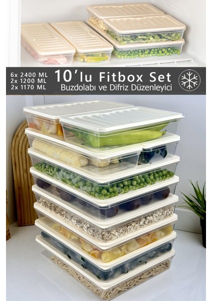 10'lu Hava Geçirmez Buzluk ve Buzdolabı Düzenleyici Set, Bej