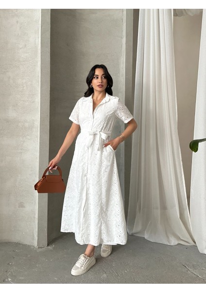 Pamuk Fisto Çiçek Desenli Cep ve Kemer Detaylı Astarlı Elbise