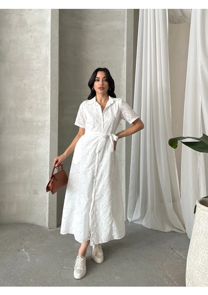 Pamuk Fisto Çiçek Desenli Cep ve Kemer Detaylı Astarlı Elbise