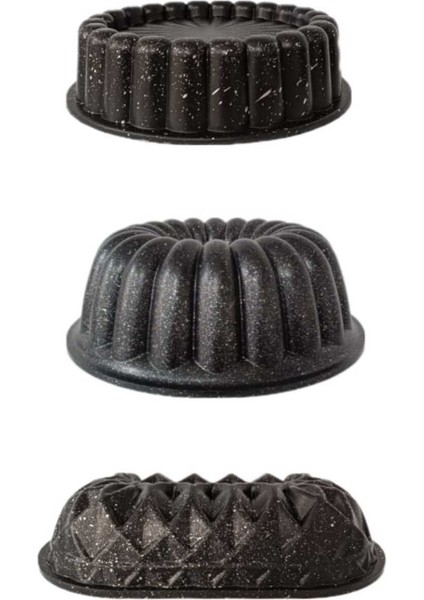 3'lü Granit Döküm Kek Kalıbı Seti, Tart, Dilimli ve Baton Pişirme Kalıbı Siyah