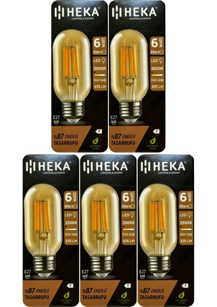 (5 Adet) Heka 6W (48W) 2500K (Günışığı) E27 Duylu (Kalın Duy) Şeffaf LED Ampul