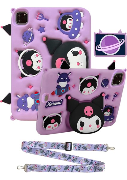 İpad 11 A16 2025 10. Nesil 10.9 Uyumlu Kılıf Kuromi Lila Çocuk Askılı Standlı Eğlenceli Koruyucu