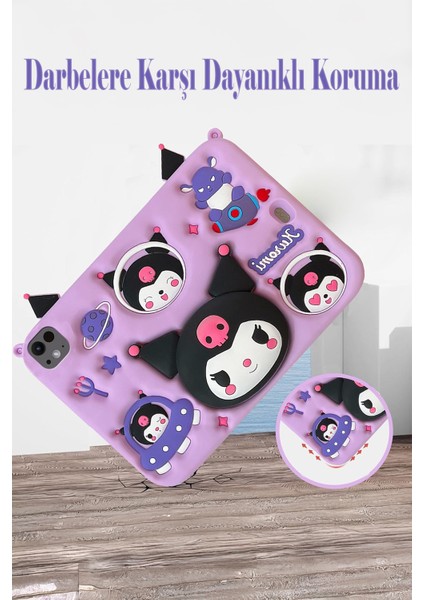 İpad 11 A16 2025 10. Nesil 10.9 Uyumlu Kılıf Kuromi Lila Çocuk Askılı Standlı Eğlenceli Koruyucu modelleri