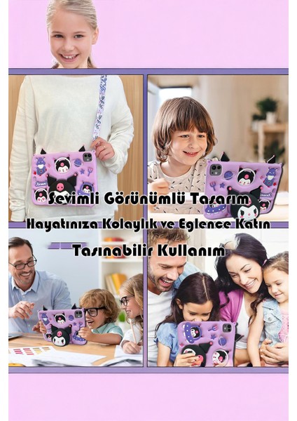 İpad 11 A16 2025 10. Nesil 10.9 Uyumlu Kılıf Kuromi Lila Çocuk Askılı Standlı Eğlenceli Koruyucu fırsatları