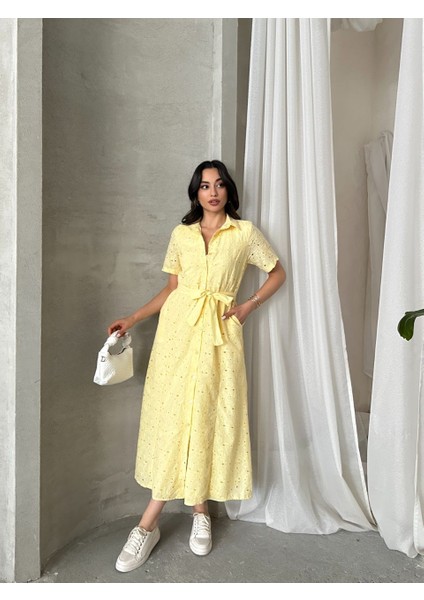 Pamuk Fisto Çiçek Desenli Cep ve Kemer Detaylı Astarlı Elbise