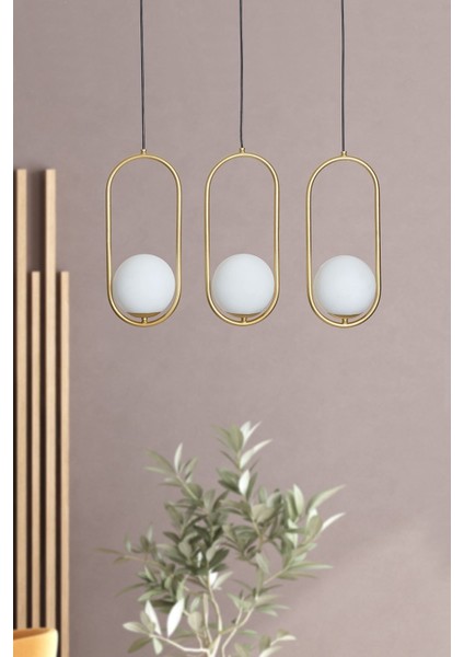 3'lü Sarı Metal ve Beyaz Camlı Modern Şık Asma Avize