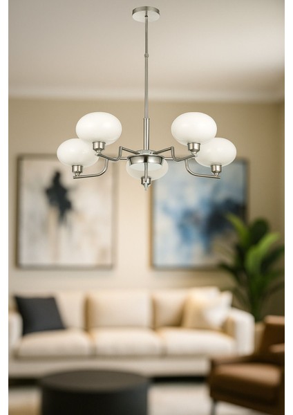 Modern 5'li Beyaz Camlı Sarkıt Avize, Krom Kaplama, Şık ve Elegant Tasarım