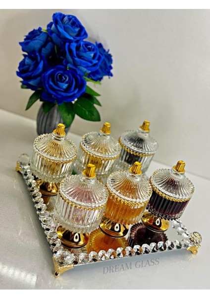 6 Kişilik Şık Kapaklı Cam Set: Lokumluk, Şekerlik, Reçellikler