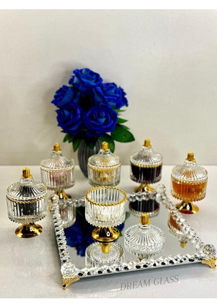 6 Kişilik Şık Kapaklı Cam Set: Lokumluk, Şekerlik, Reçellikler