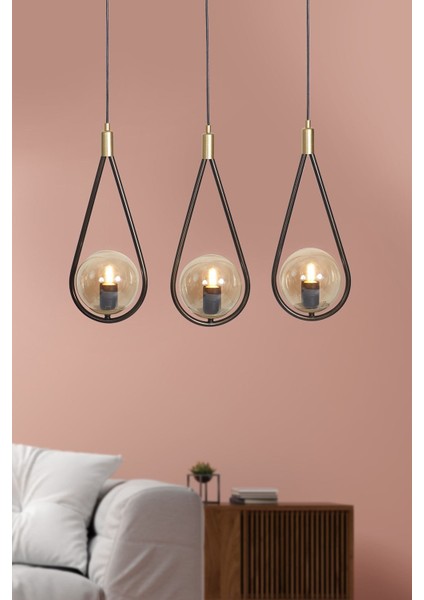 Şık 3'lü Sarı-Eskitme Metal Avize, Bal Rengi Cam Detaylarıyla Modern Tasarım